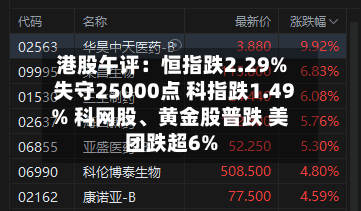 港股午评：恒指跌2.29%失守25000点 科指跌1.49% 科网股	、黄金股普跌 美团跌超6%-第2张图片